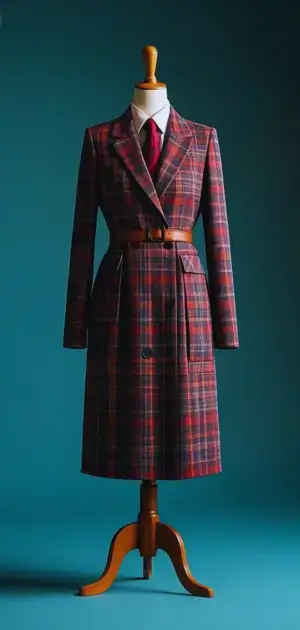 Woman wearing silk plaid cocktail dress with accessories