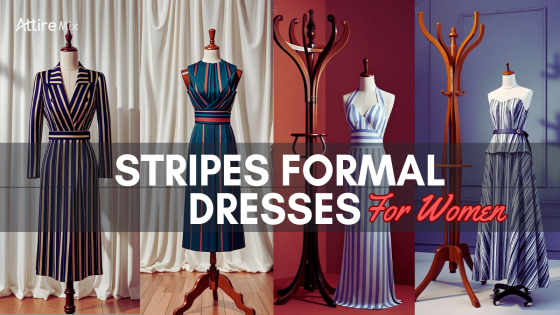Woman wearing a black and white striped satin formal dress
