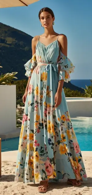 Floral maxi dress styled with tote bag and sun hat