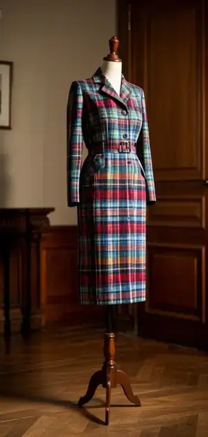 Fit and flare plaid formal dress with ruffle skirt