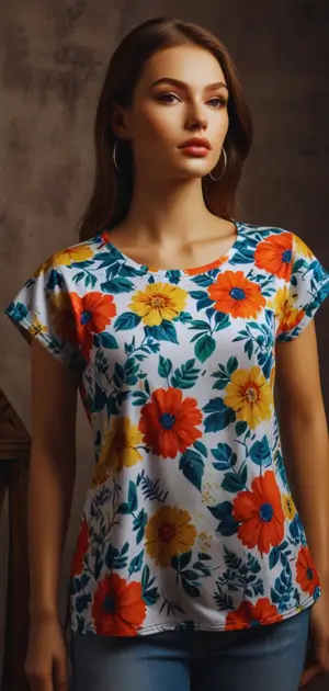 Tunic-length floral top with slim jeans and tote