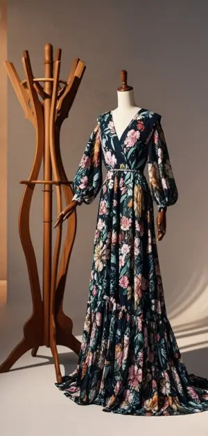 Satin floral maxi dress with deep V neckline for formal events