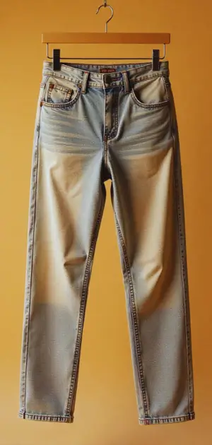 Different styles of women’s cotton jeans laid flat on a beige backdrop