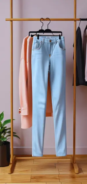 High-waisted pastel jeans paired with tailored blazer