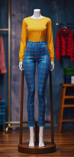 Flared plaid jeans with a vintage 70s fashion vibe
