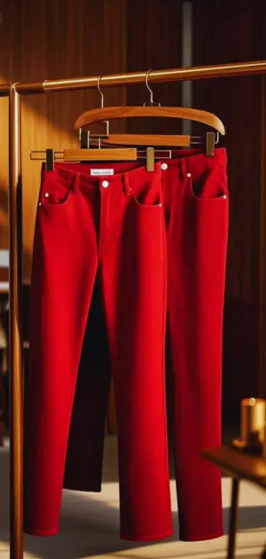 Red flare jeans with a knit sweater