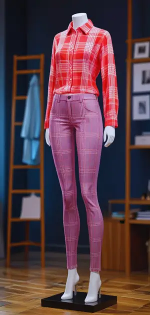 Office look with tailored plaid jeans and a red blouse