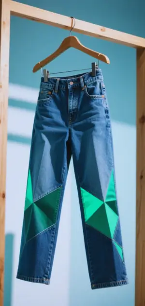 Two-tone geometric jeans styled with minimalist accessories