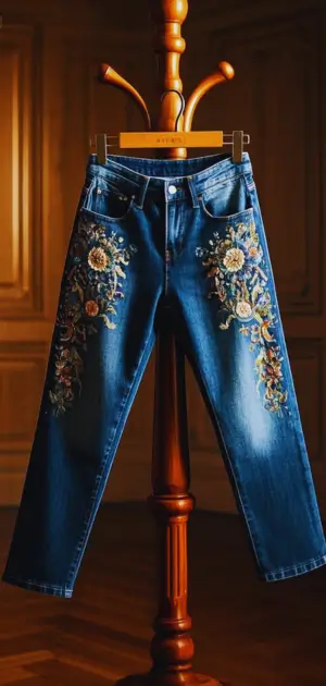 Metallic party jeans styled for festive winter events