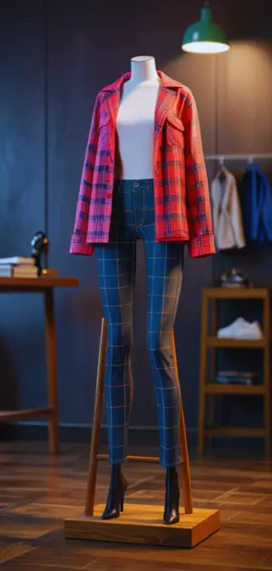 Curvy woman wearing wide-leg plaid jeans with heels