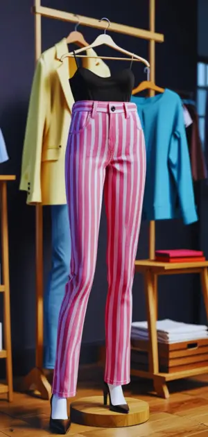 pink and white striped jeans with cropped leather jacket