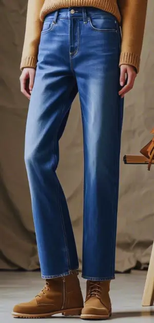 High-rise bootcut winter jeans and heeled boots