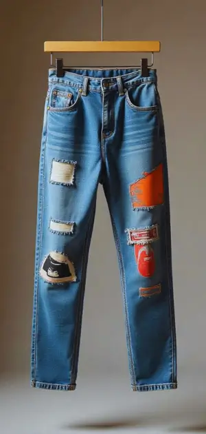 Woman wearing high-waisted geometric jeans with cropped blazer