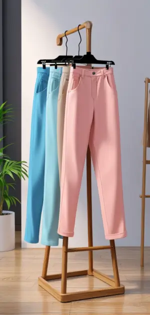 Slim-fit pastel jeans styled with sneakers and a t-shirt