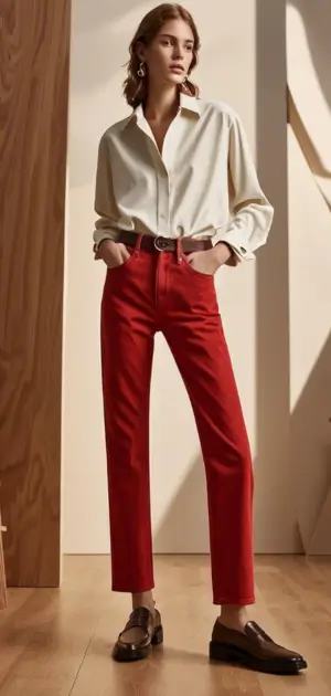 Casual outfit with red jeans and white t-shirt