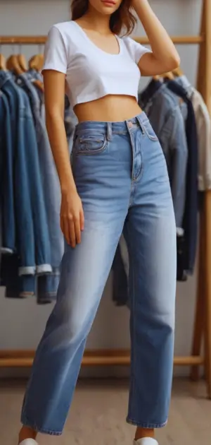 White and light-wash cotton jeans styled for spring/summer