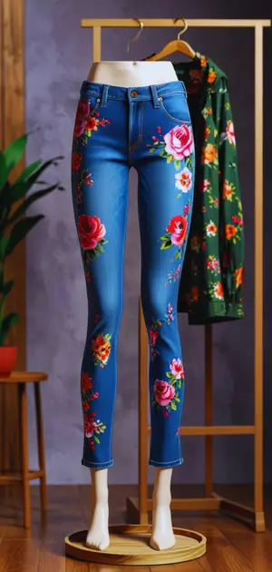 Wide-leg floral print jeans for slim body types