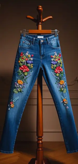 Distressed denim jeans worn for casual party gatherings
