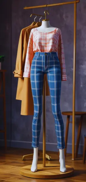Trendy plaid patchwork jeans with bold colors