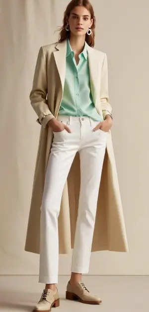 Woman wearing white flare jeans with silk top at night