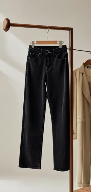 Straight-leg black jeans styled with trench coat