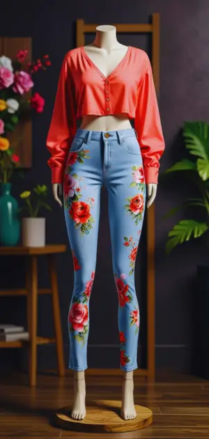 High-waisted floral jeans with retro flair