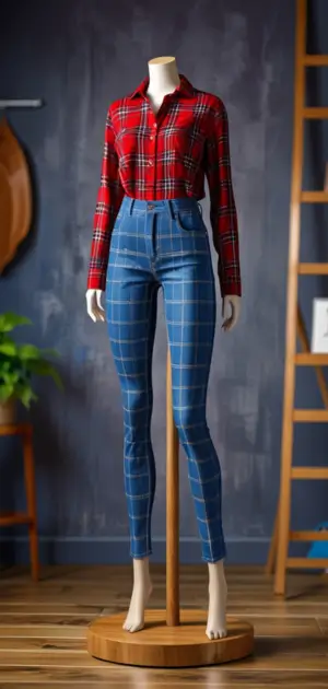 Close-up of distressed plaid skinny jeans in stretch denim