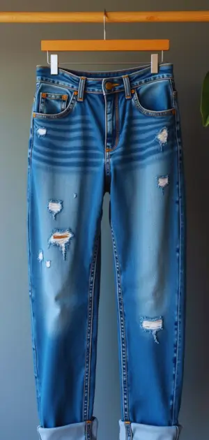 Eco-conscious cotton-blend jeans on hangers with tags