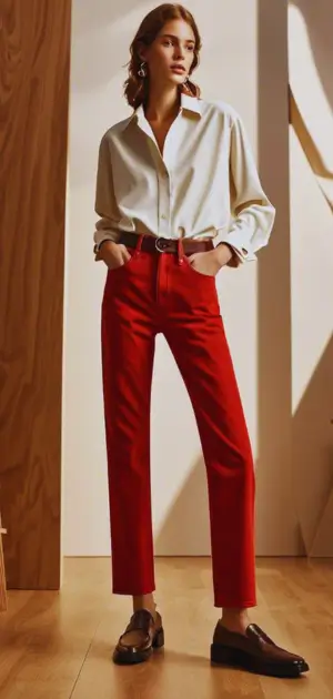 Red jeans styled for workwear with blazer