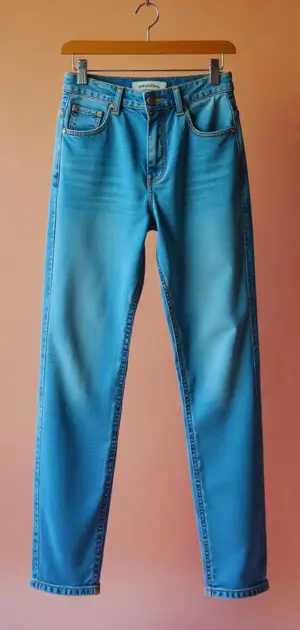 Woman comparing cotton blend vs 100% cotton jeans in store