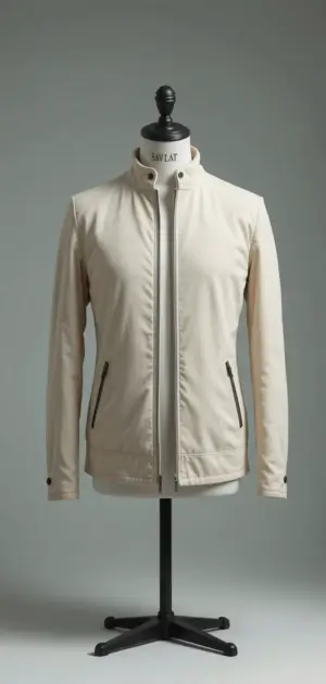 Stylish off-white jacket featuring a slim fit and minimalist zip details.