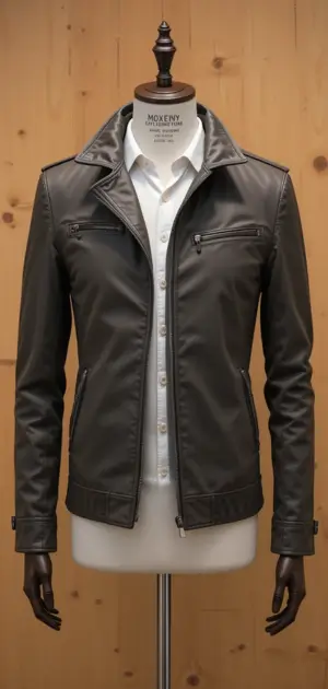 Elegant dark brown leather jacket with a structured silhouette and zip pockets.
