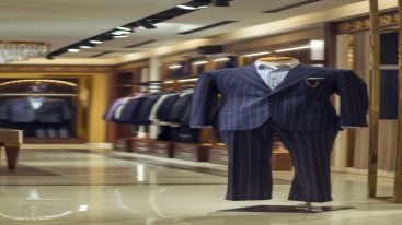 Stylish pinstriped suit displayed in a sophisticated store setting