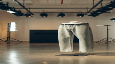 Straight-cut acid-wash jeans under studio lights in a modern interior