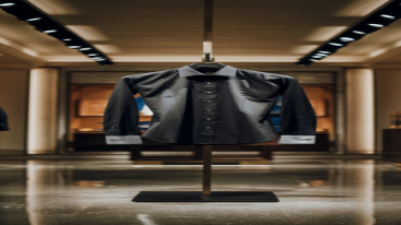 Classic black shirt with contrasting cuffs in an upscale store