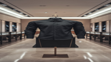 Black formal shirt on a mannequin in a minimalist luxury clothing store