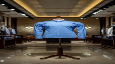 Blue dress shirt on a mannequin in a sleek and well-lit retail environment.