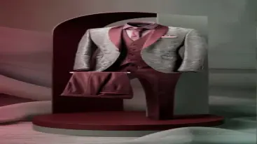 Modern bohemian suit in silver and maroon with a matching vest and tie.