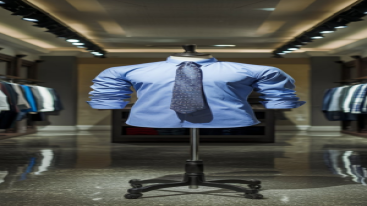 Blue dress shirt displayed with a patterned tie on a mannequin in a brightly lit store.