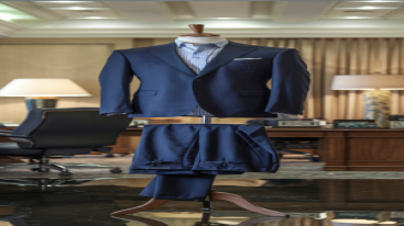 Navy blue suit displayed in a store