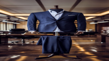 Formal blue suit displayed in an office-like setting