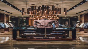 Elegant display of a pink shirt under designer lighting in a luxury store