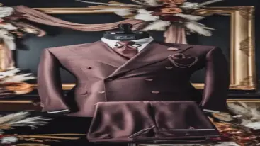 Dark brown double-breasted suit on a mannequin with floral decorative accents.