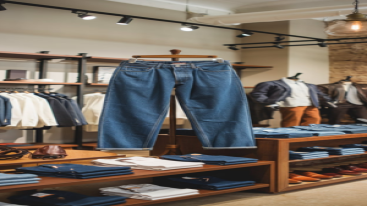Dark-wash jeans styled with a leather belt and displayed on a table in a store