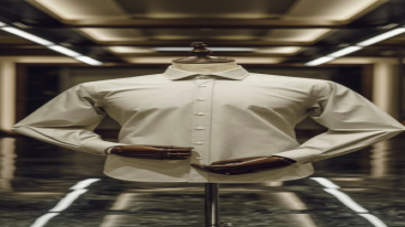 Plain white cotton dress shirt on a mannequin in a sleek interior.