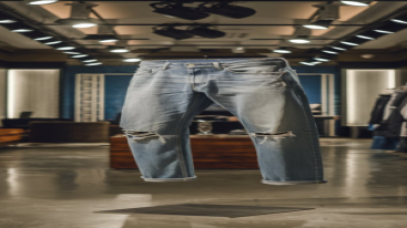 Slim-fit distressed jeans with ripped details under studio lighting