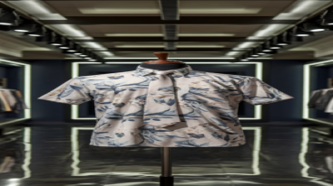 White short-sleeve floral shirt on a mannequin in a modern showroom