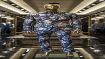 Mannequin with a floral print suit in a premium showroom