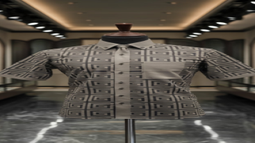 Gray short-sleeve shirt featuring a bold geometric pattern