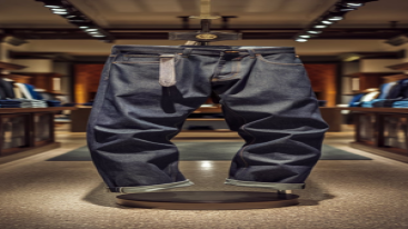 Indigo jeans with a rolled hem styled with a belt in a studio setup